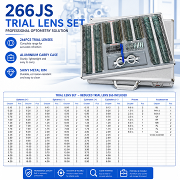 266pcs Trial Lens Set Professional Optometry Trial Lenses with Aluminium Carrying Case Shiny Metal Rim