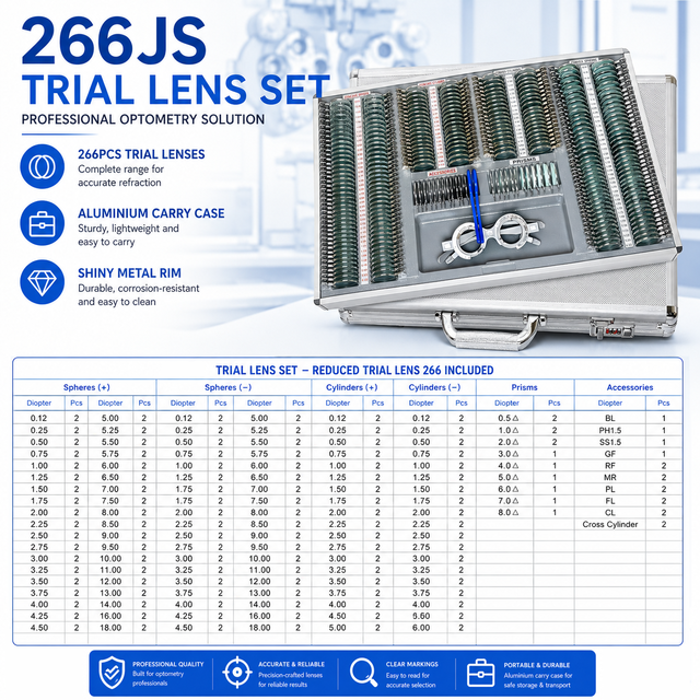 266pcs Trial Lens Set Professional Optometry Trial Lenses with Aluminium Carrying Case Shiny Metal Rim